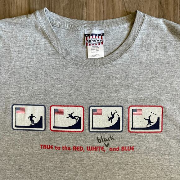 Vintage Y2K Skate T-Shirt Size L Gray Funny Quote Comic Graphic American Flag - Picture 1 of 4